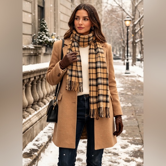 Mark Berman & Son Accessories - Vintage Camel Plaid Wool Scarf Classic Tartan Fringe Neutral Winter